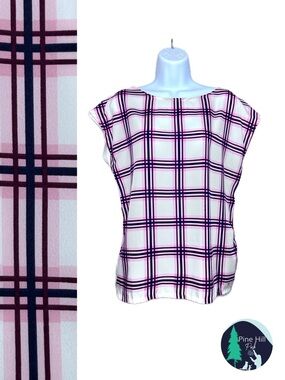 Tommy Hilfiger Plaid Cap Sleeve Blouse Pink Navy White Size Medium Preppy EUC